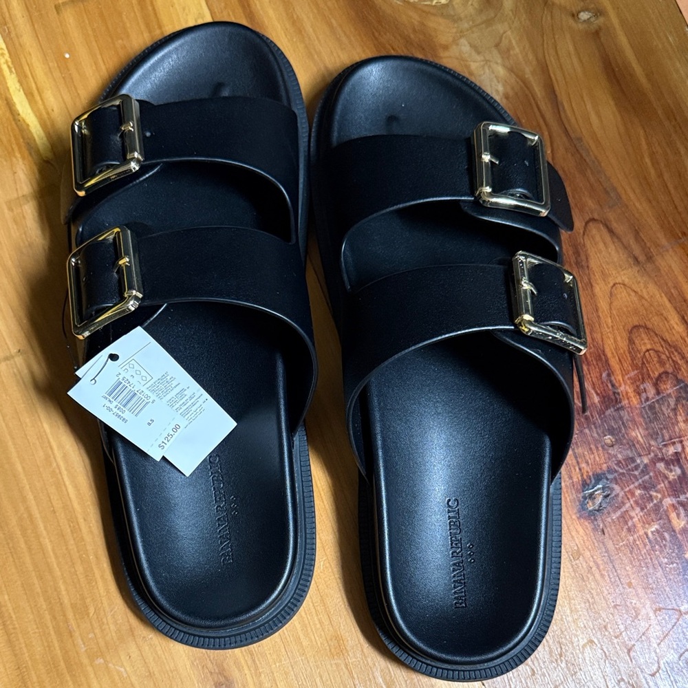 Banana Republic. Black Slide Sandals with Gold Buckles